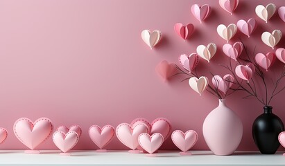 Pink heart shape flowers in vase on pink background. Created with Ai