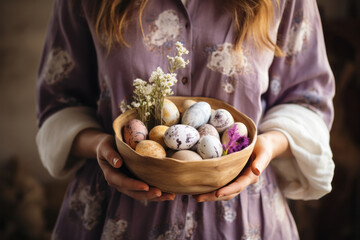 A peasant woman in a spring dress holds a patterned bowl of painted Easter eggs. - obrazy, fototapety, plakaty
