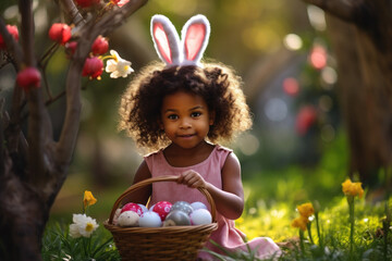 A cheerful black girl in an Easter dress enjoys an egg hunt in a sunny park.