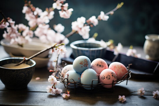 A rustic Easter decoration with a pile of pastel eggs, floral patterns, and festive elements.