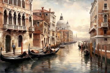 Painting of venice canal with gondolas and colorful buildings in a romantic style - obrazy, fototapety, plakaty