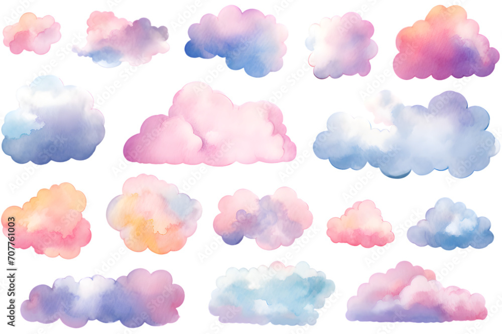 Poster Colorful clouds watercolor collection isolated on transparent background	
