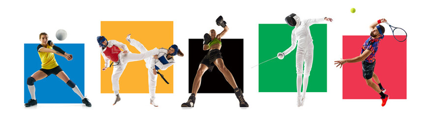 Set of different athletes, men and women of diverse kind of sports isolated over white background...