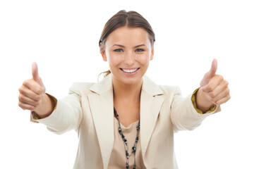 Happy woman, portrait and thumbs up for thank you, business or success on a white studio background. Face of young female person or employee smile with like emoji, yes sign or OK for great winning