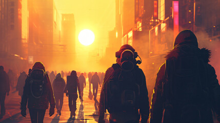 People with gas masks walking on street in futuristic