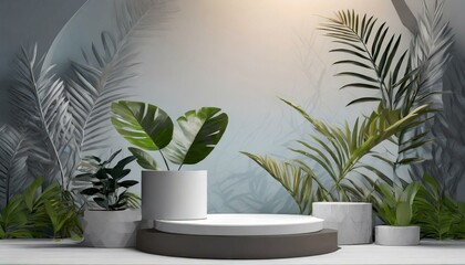 Podium Panache: Realistic Plant-Filled Background for Packaging Mockups - obrazy, fototapety, plakaty