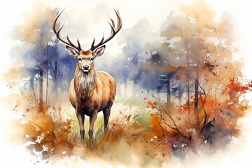 Majestic red deer stag in autumn fall: a watercolor painting capturing the beauty and grandeur of wildlife