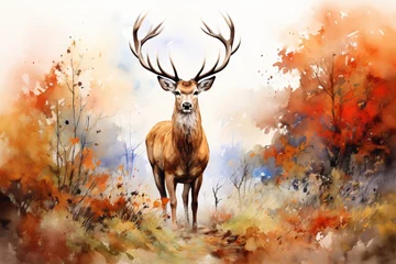 Foto op Canvas Majestic red deer stag in autumn fall: a watercolor painting capturing the beauty and grandeur of wildlife © Ameer