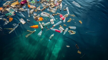 Naklejka premium Plastic garbage floating on the water