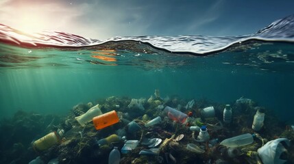 Water polluted with plastic garbage - obrazy, fototapety, plakaty