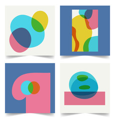 Set of retro backgrounds with hand drawn shapes risograph effect. Abstract naive square template for social media post. Collection of cards for blogging