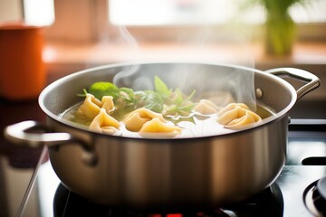 tortellini in a pot with boiling water and bubbles