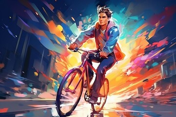 Young man riding a bicycle with a colorful energy, digital art style, illustration painting - obrazy, fototapety, plakaty