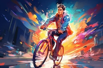 Keuken spatwand met foto Young man riding a bicycle with a colorful energy, digital art style, illustration painting © Ameer