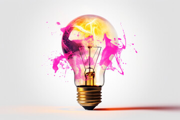 Creative golden light bulb explodes with splashes of pink paint on a white background, concept. Think differently and brainstorm, creative idea - obrazy, fototapety, plakaty