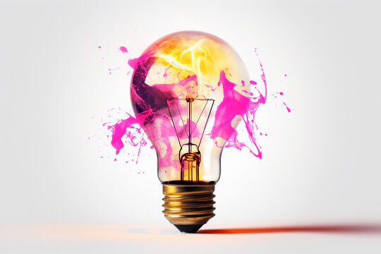 Creative golden light bulb explodes with splashes of pink paint on a white background, concept. Think differently and brainstorm, creative idea