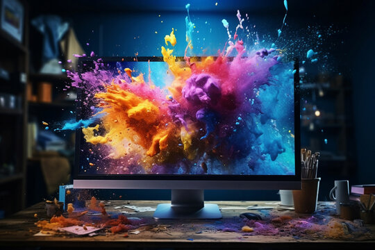 Creative computer exploding with splashes of colorful paint on desktop, concept. Think differently and work process, creative idea