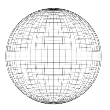 Black wireframe globe or sphere on transparent png or white background