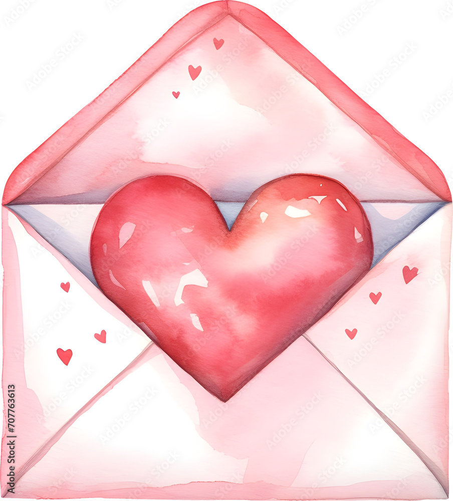 Wall mural watercolor cute pink envelope with heart clipart element for love wedding valentine invitation card  - Wall murals