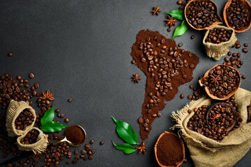 The concept of coffee from Brazil or South America. Fragrant roasted Robusta or Arabica coffee. Top...