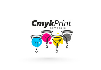 Fototapeta na wymiar Logo polygraphy cmyk theme. Ink drops and watering can. Template design vector. White background.
