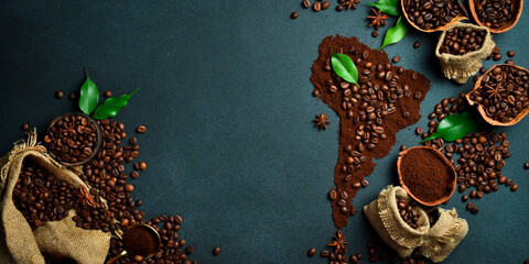 Set of coffee beans and ground coffee in the shape of a world map. Coffee from Brazil or South...