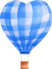 Watercolor heart-shaped hot air balloon in light blue color and striped pattern isolated element illustration