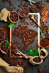 The map of Brazil is made of coffee. Set of coffee beans and ground coffee in the shape of a world map