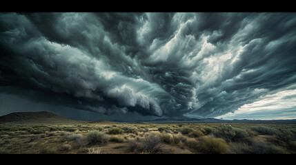 A dark swirling storm cloud formation over a desolate desert landscape creating an eerie and foreboding atmosphere.