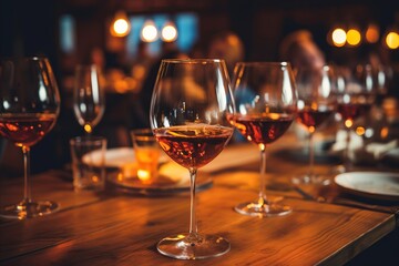 Exquisite Dining Ambiance. Captivating Close-up of Lavish Wine Glasses on Elegantly Adorned Table