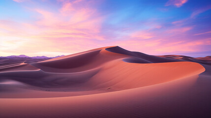 Fototapeta na wymiar A desert landscape at dusk with sand dunes and a colorful sky.