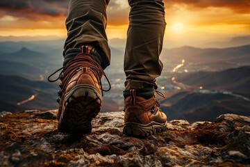 Feet of hiker in hiking shoes walk on the mountain range in sunset