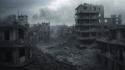 A dramatic scene of a war-torn city at twilight. - obrazy, fototapety, plakaty