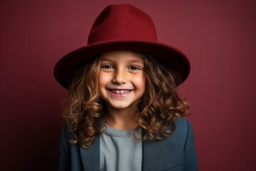Portrait of a smiling little girl in a hat on a burgundy background