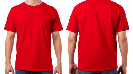 A man wearing red T-shirt white on the background front and back side blank, plain, t-shirt, 