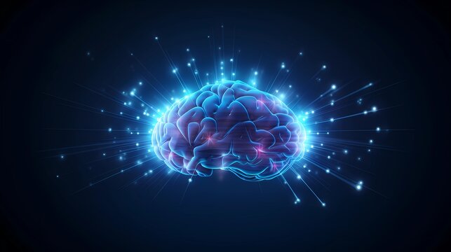 Neon Human Brain in Deep Blue Color. Luminous Mind Map with Neural Glow. Artificial Intelligence and Futuristic Digital Technology Concept Art. AI Generated.