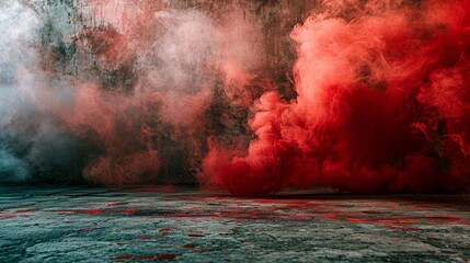 red smoke in the background and a concrete floor - obrazy, fototapety, plakaty