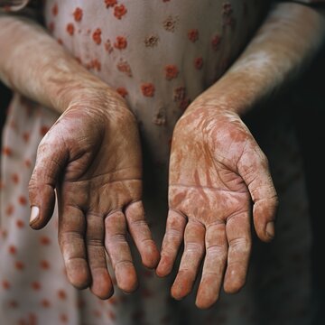 World Leprosy Day. Hands of a man suffering from leprosy. Close-up. Hansen's disease