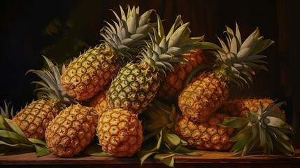 Photorealistic pile of pineapples on a table against a dark background