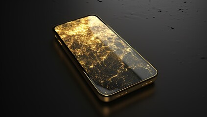 luxury smartphone with beautifully illuminated complex network of golden lines on a dark background