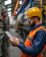 Obraz premium Workers in the factory, Technician use a digital tablet at floor in the factory, labour in the company, Concentrate for tablet,digital transformation