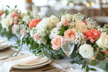 close up of wedding reception table setting with flower arrangement