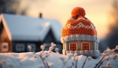 House wearing a knitted hat, representing a smart heating system in cold weather. Emphasizing home heating, cost savings, and energy efficiency through effective insulation. - obrazy, fototapety, plakaty