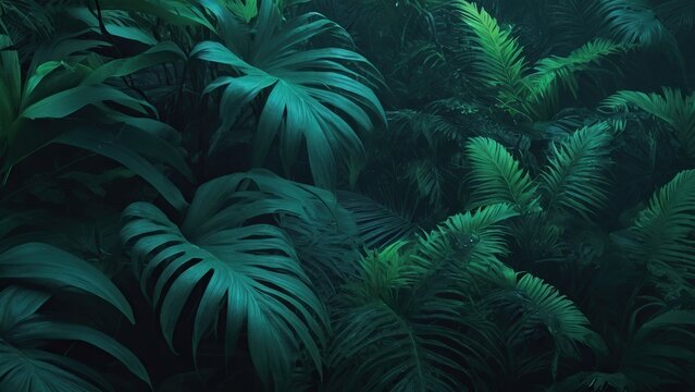 green fern and leaves in the morning forest