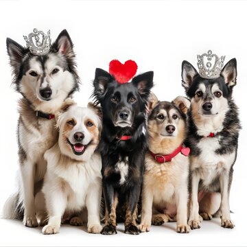 Banner five Dogs in a group celebrate Valentine's Day with puppy love, wearing a red heart-shaped diadem against an isolated white background.