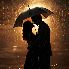Young caucasian couple kisses and hugs under an umbrella. Silhouette. Rain and sunset in the park outside. Valentines Day the holiday of love