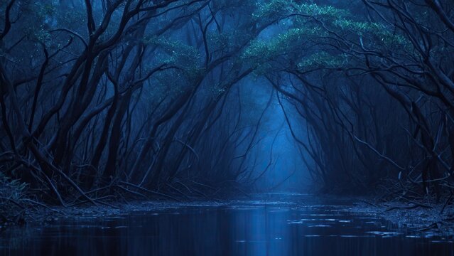 night forest in the fog river