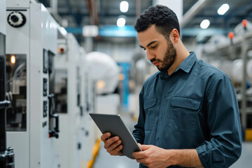 Workers in the factory, Technician use a digital tablet at floor in the factory, labour in the company, Concentrate for tablet,digital transformation