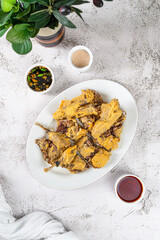 Fried Salted Duck with Red Green Chili Sauce Traditional Chinese Cuisine Food