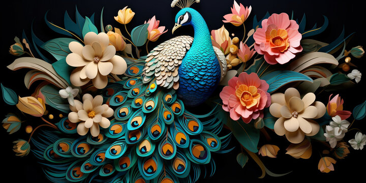 Peacock paper quilling, Luxury Flowers with Peacock Illustration Background 3D Interior Mural Painting and wall art Decor, A peacock is surrounded by flowers and leaves. generative AI

